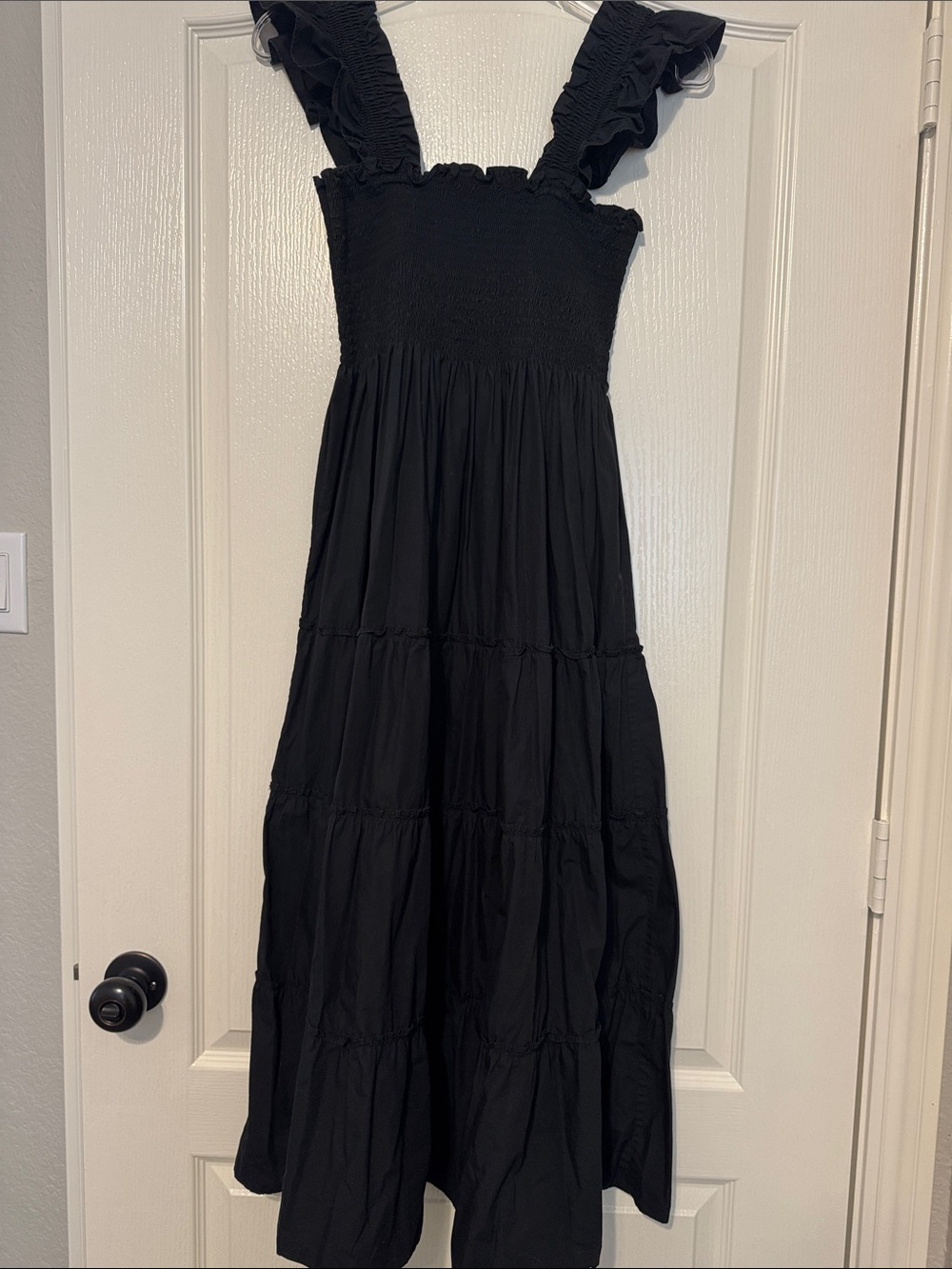 Quince Black Ruffle-Strap Smocked Midi Dress 0105